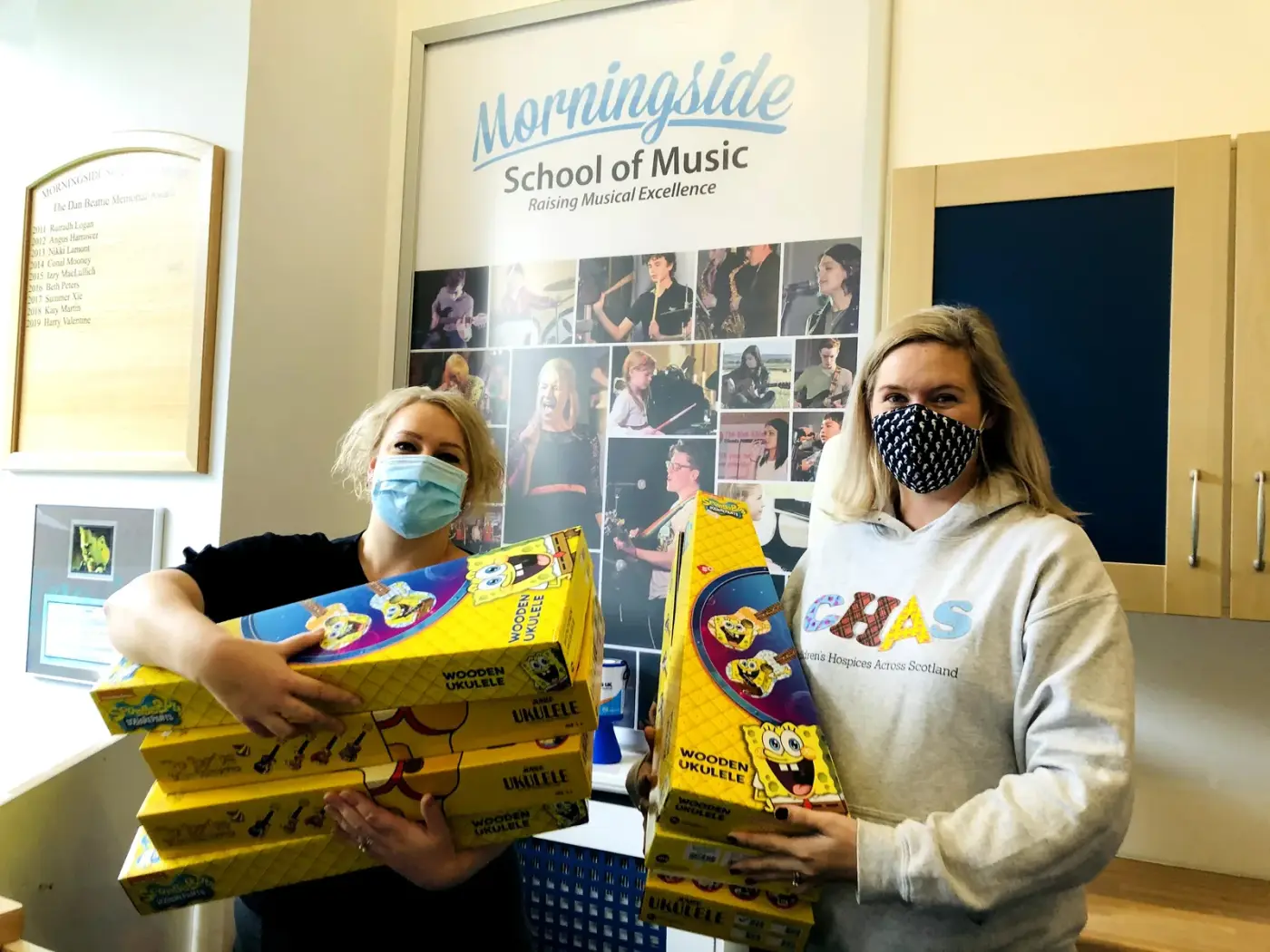 Morningside School of Music staff donating ukuleles to CHAS, Children's Hospices Across Scotland Morningside School of Music staff donating ukuleles to CHAS, Children's Hospices Across Scotland