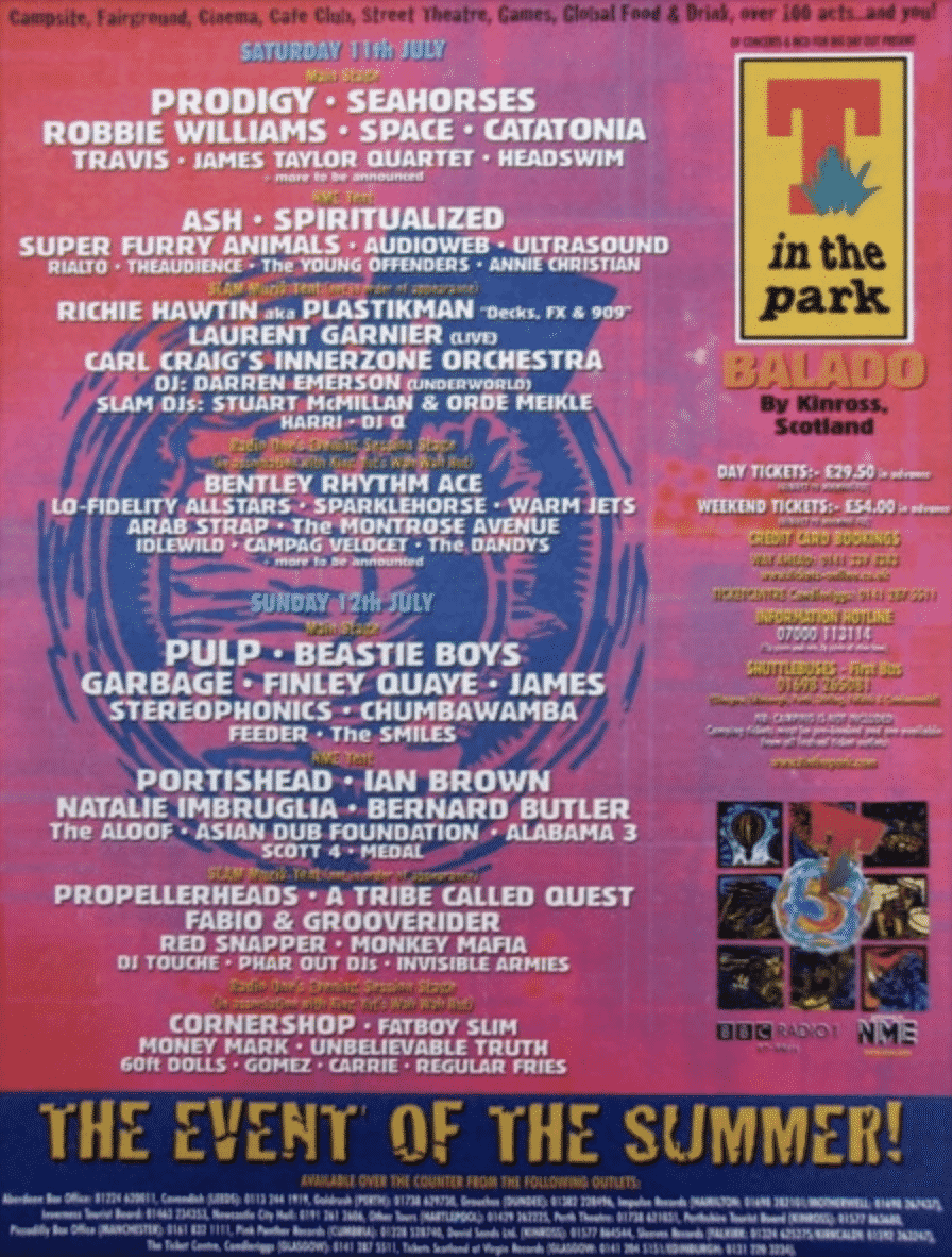 T in the Park 1998 poster from Balado, Kinross in Scotland.