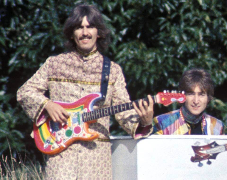 George Harrison and his 'Rocky' Fender Stratocaster guitar. George Harrison,Rocky,Fender,Strat,Stratocaster,Guitar,The Beatles,